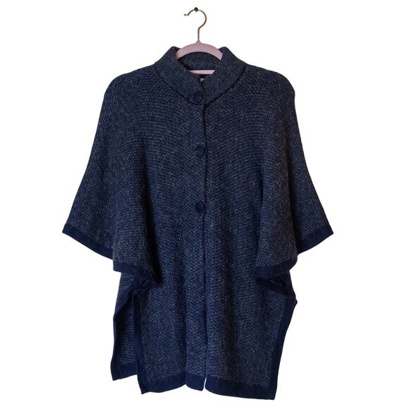 Vtg 70s Peruvian Alpaca Wool Knit Poncho Cape Sweater Cardigan Navy Blue OS - Picture 1 of 9